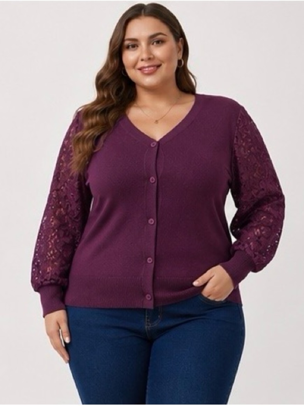 GRACE KARIN 2XL Plum Purple Floral Lace Sleeve V Neck Cardigan Sweater